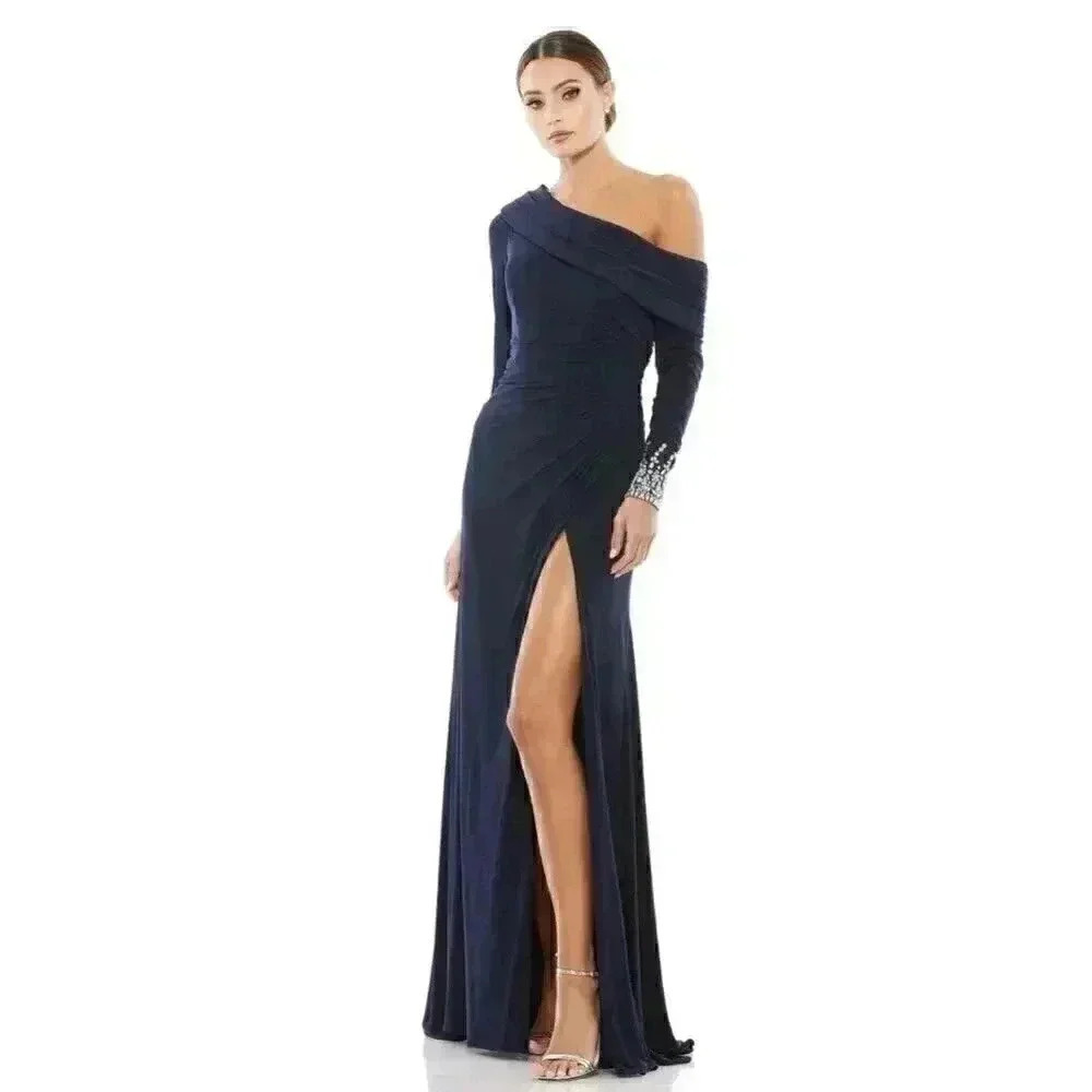 Mac Duggal Gown 8 Beaded Cuff Drop Shoulder Beaded Faux Wrap Slit Wedding Navy M